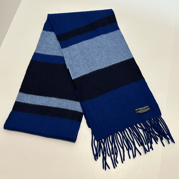 Burberry Blues Stripe Wool Cashmere Fringe Scarf - Picture 1 of 4